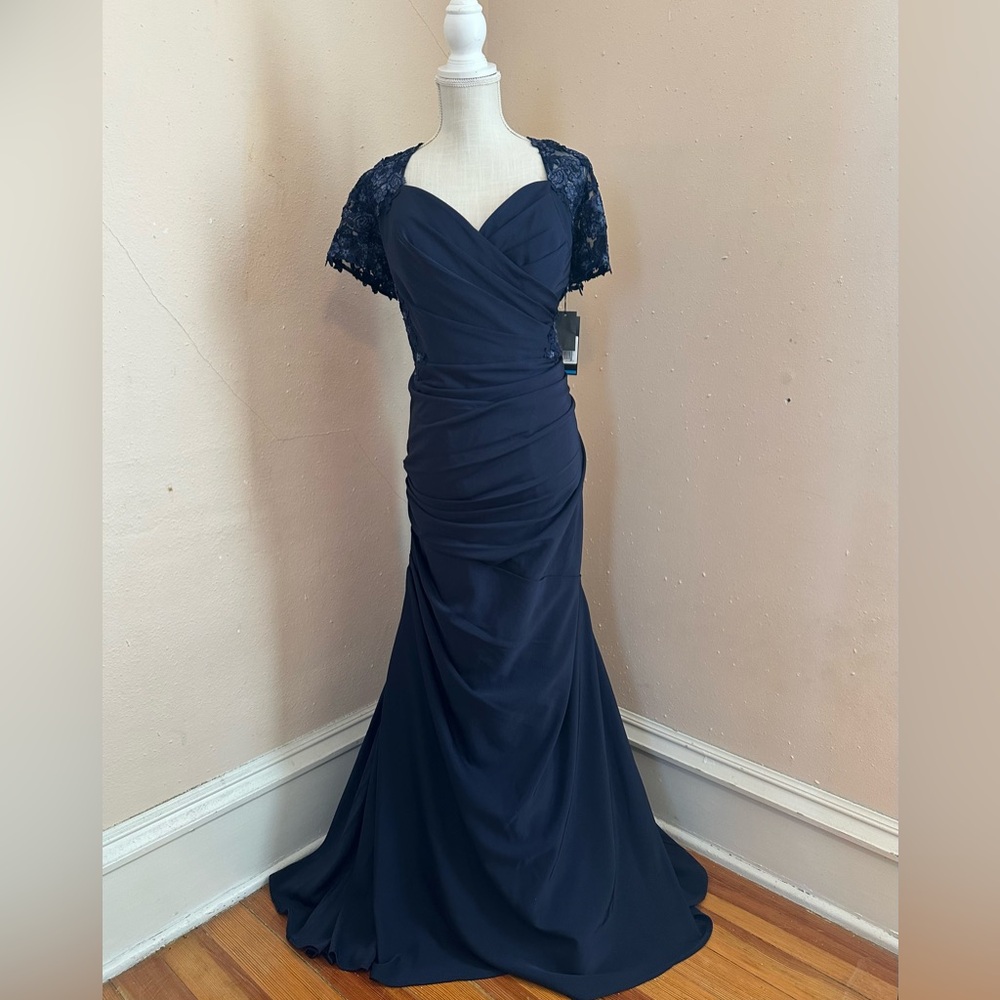 La Femme Navy Blue Maxi Dress with Lace Sleeves - Picture 2 of 8
